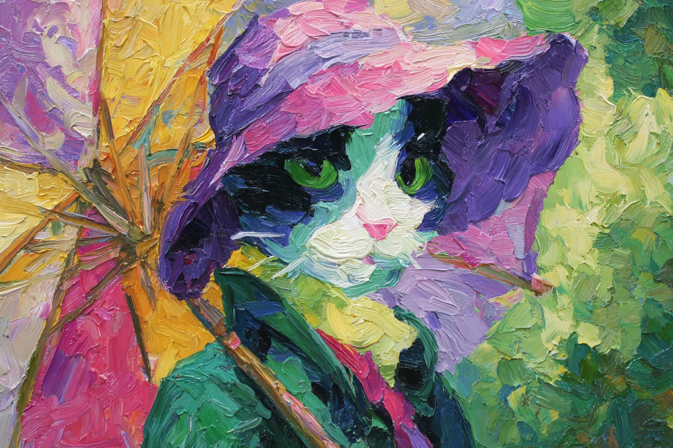 Fauvist portrait of a stylish cat with hat and parasol