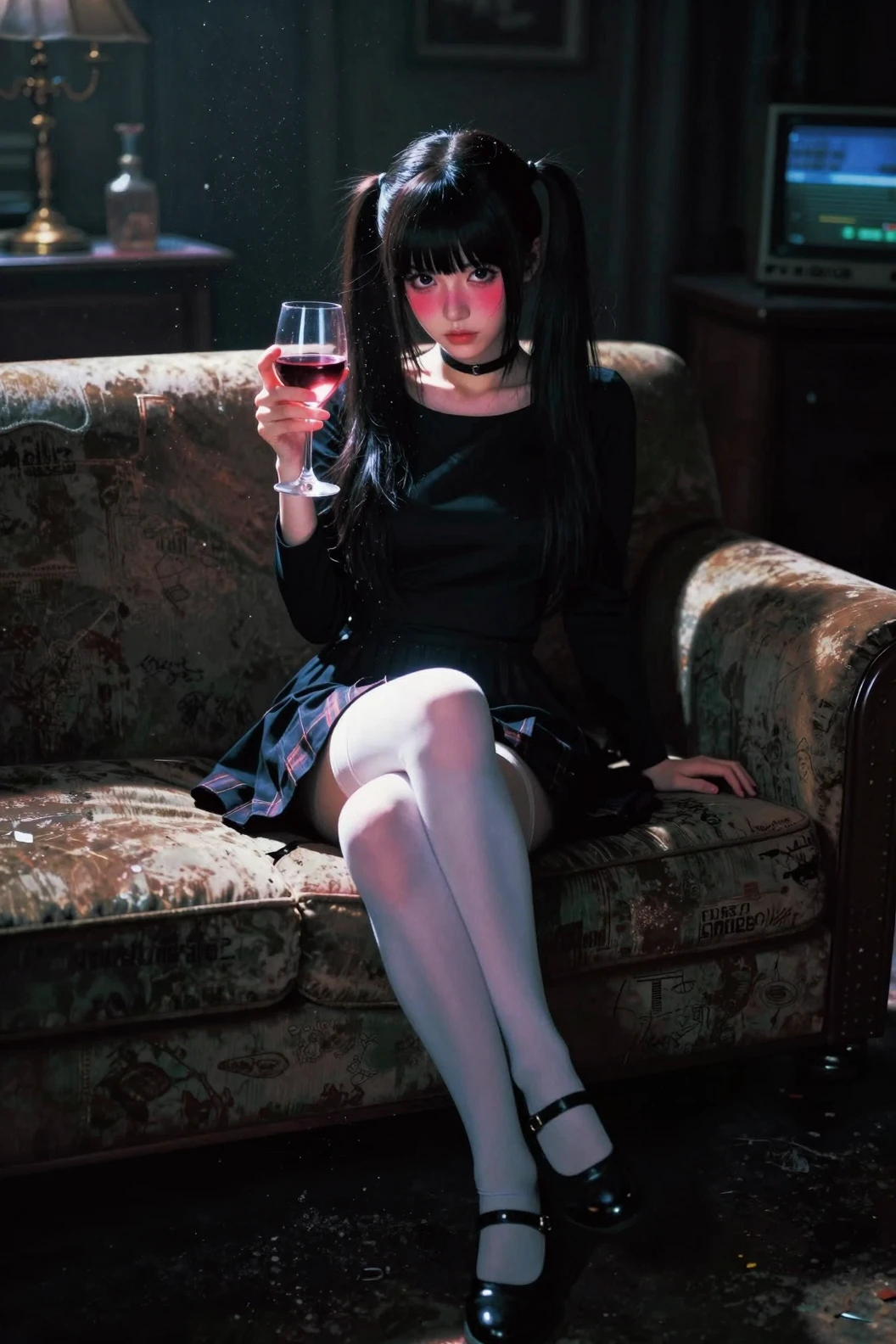 Chica de anime melancólica con vino en sala de estar retro