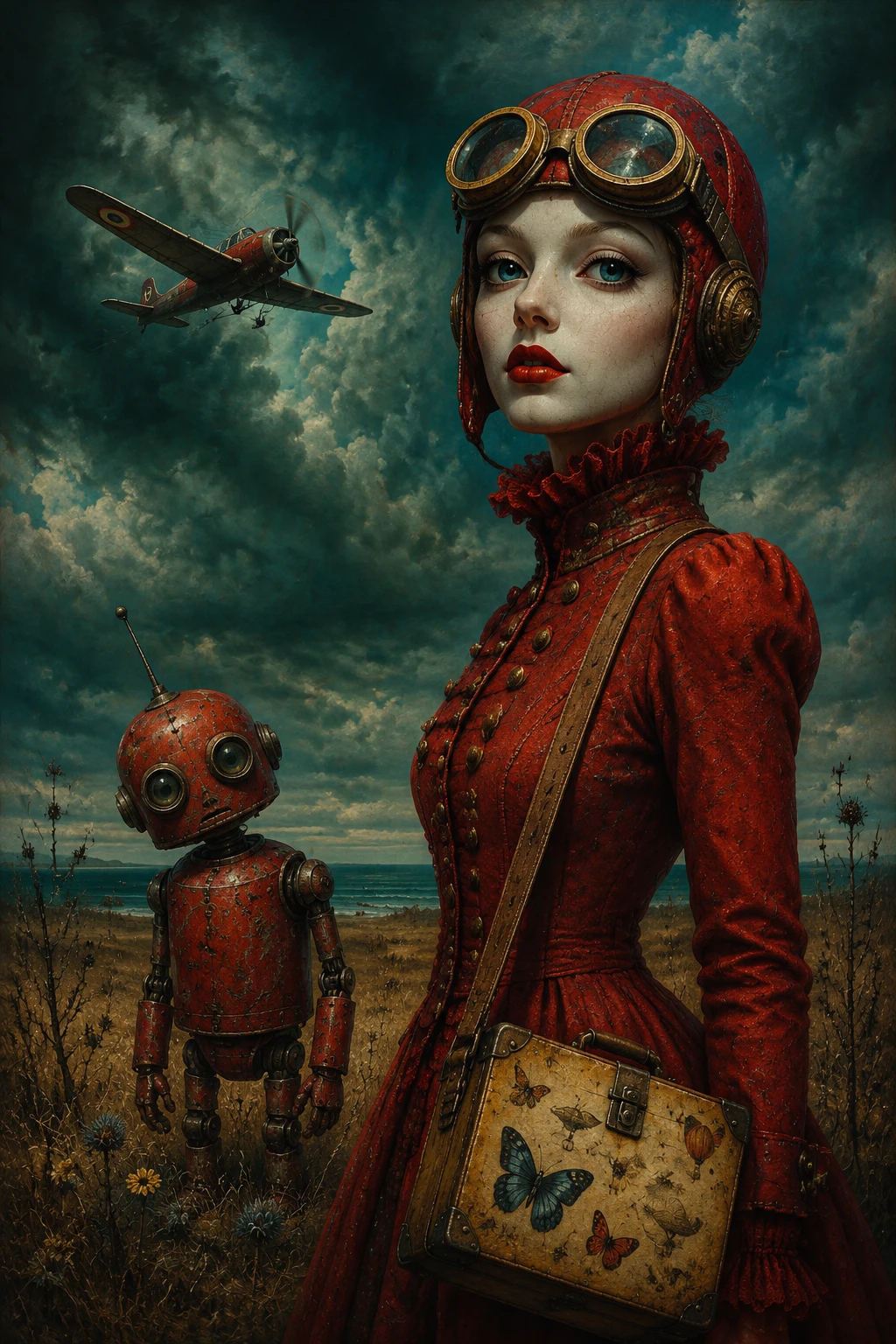 Surreal aviator woman with small robot in stormy field