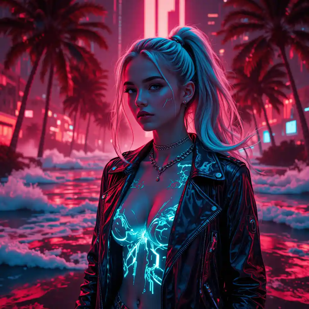 霓虹熱帶夜景中的超現實賽博龐克女子