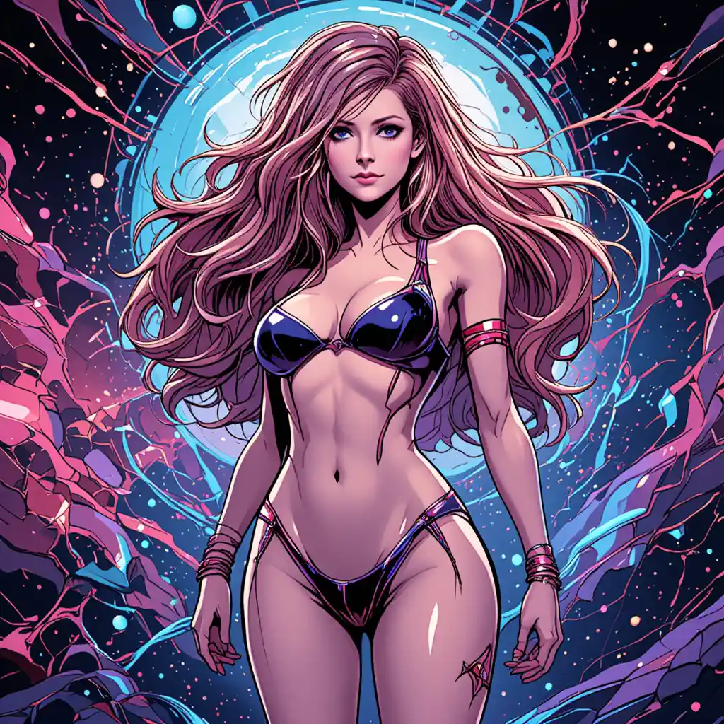 Futuristic space heroine in bold comic book style pose