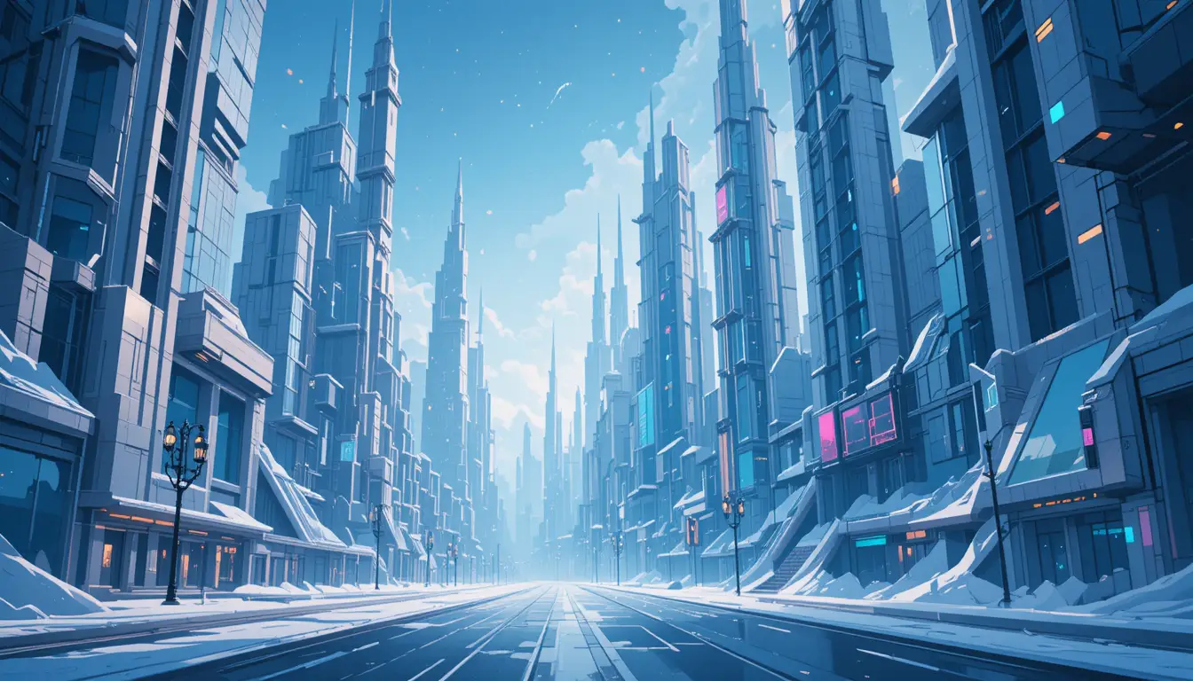 Futuristische Stadtlandschaft aus Marmor und Glas im kalten blauen Licht