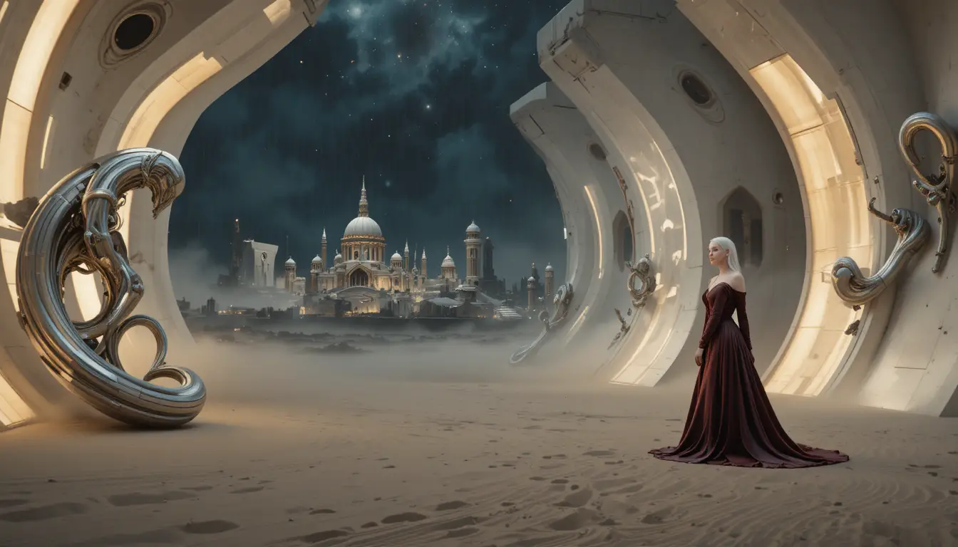 Futuristic gallery with abstract sculptures and fantasy couple