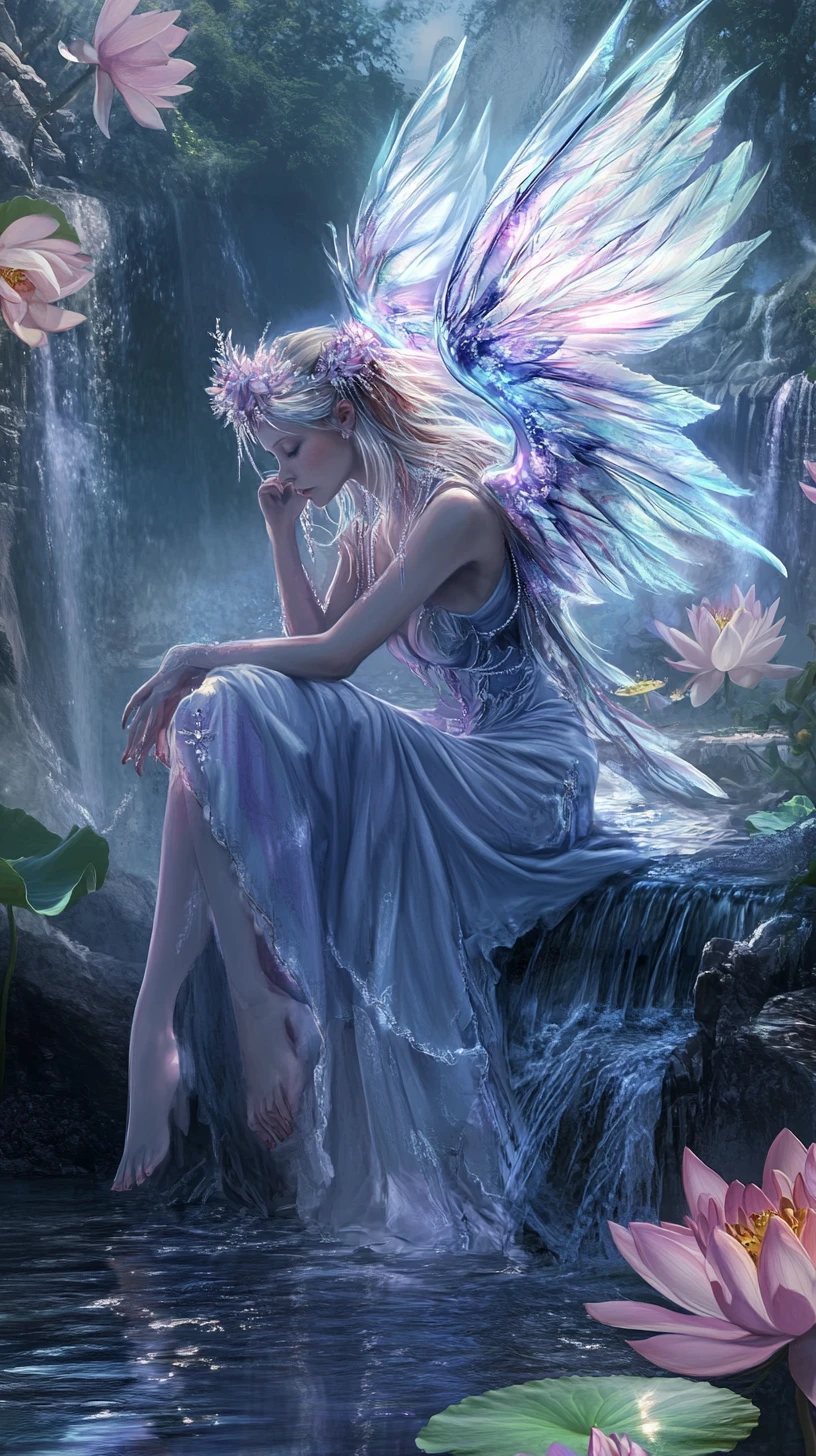 Fantasy queen on a lotus water throne with divine guardian