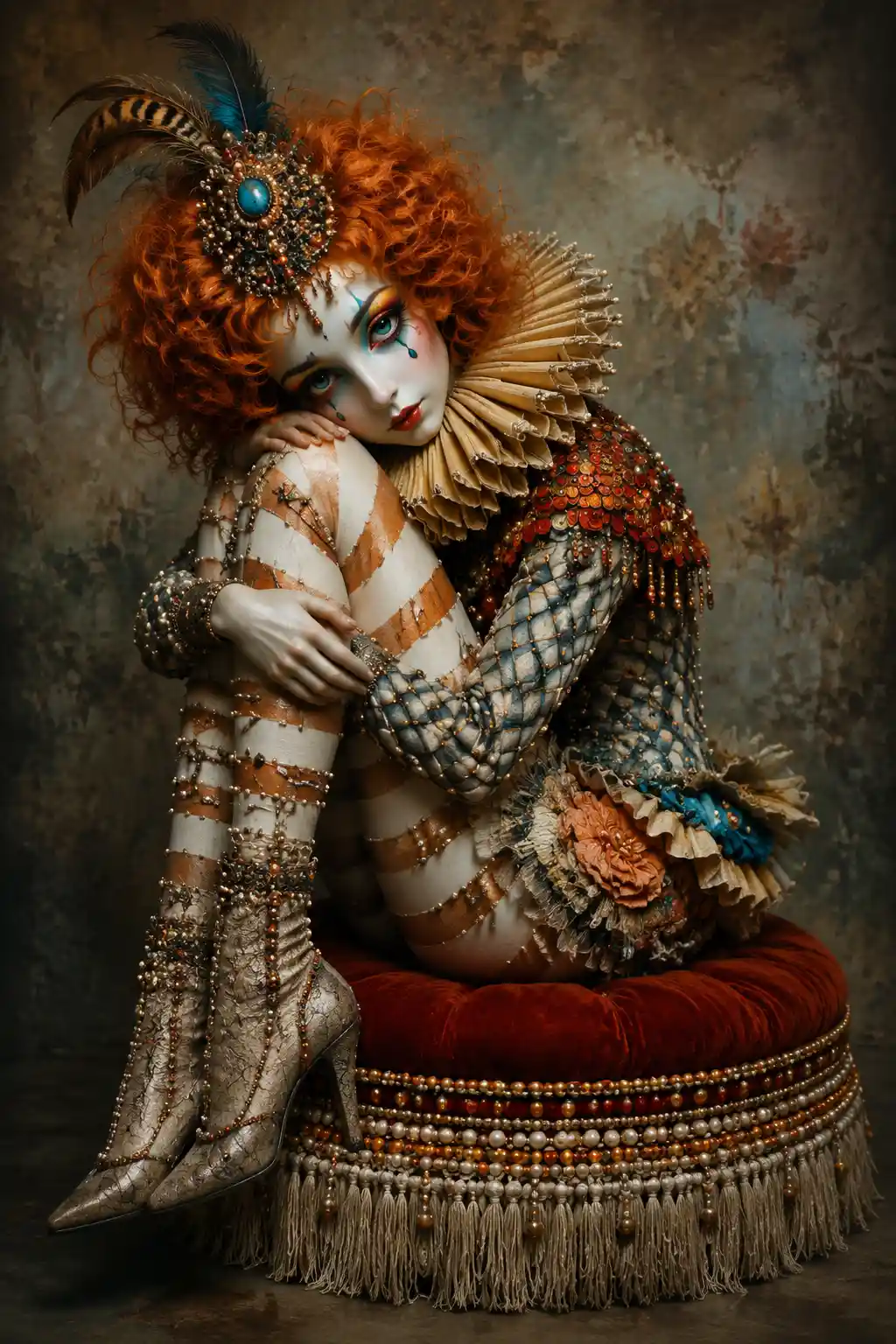 Surreal costumed woman in ornate theatrical attire