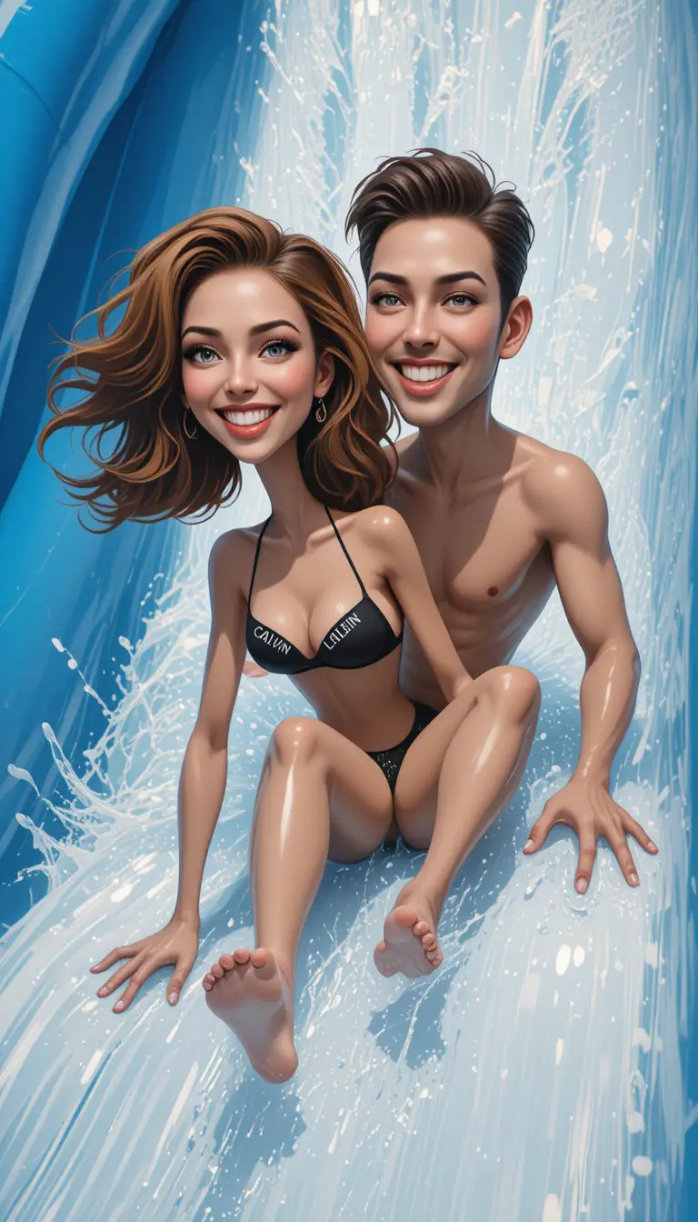 Young couple riding blue inflatable down water slide
