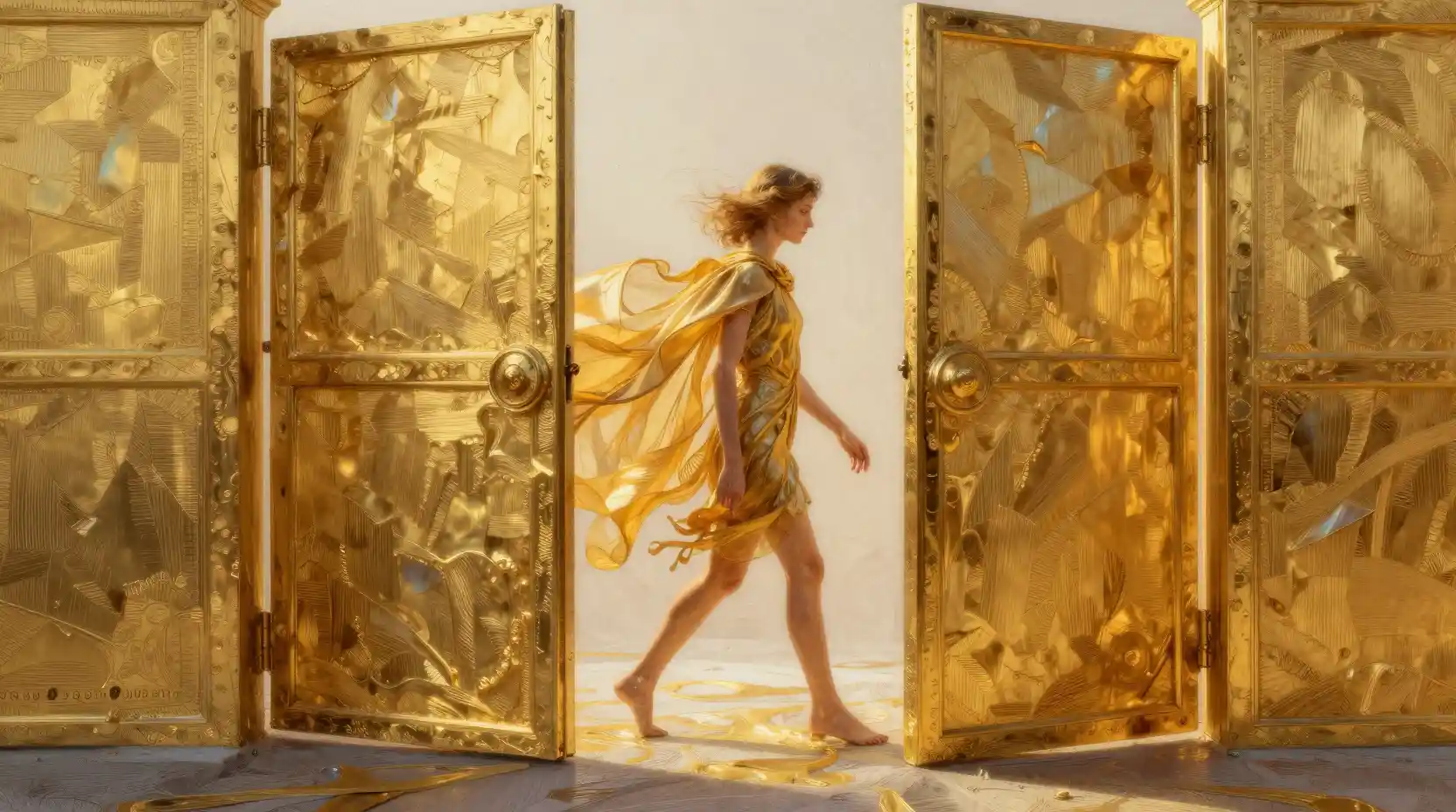 Woman crossing a golden meridian threshold in layered chiffon