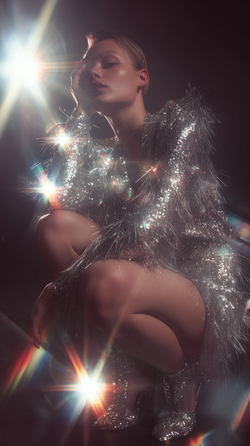 Glamorous woman in silver sequin dress full body studio portrait