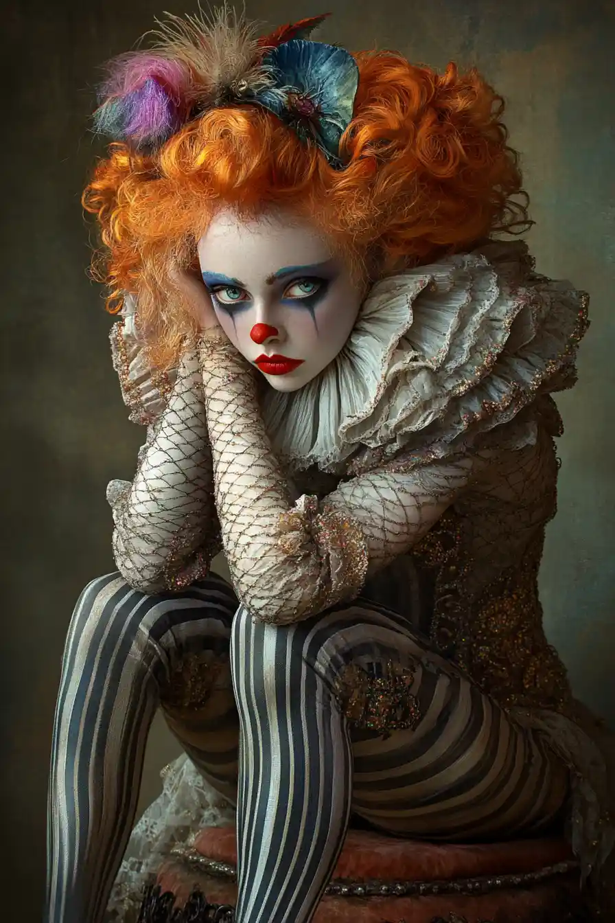 Melancholic circus woman in ornate costume portrait