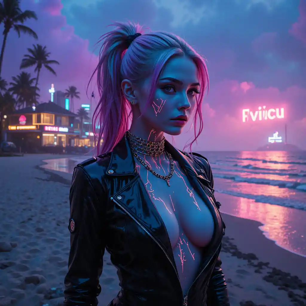 Cyberpunk woman on neon lit tropical coastline portrait