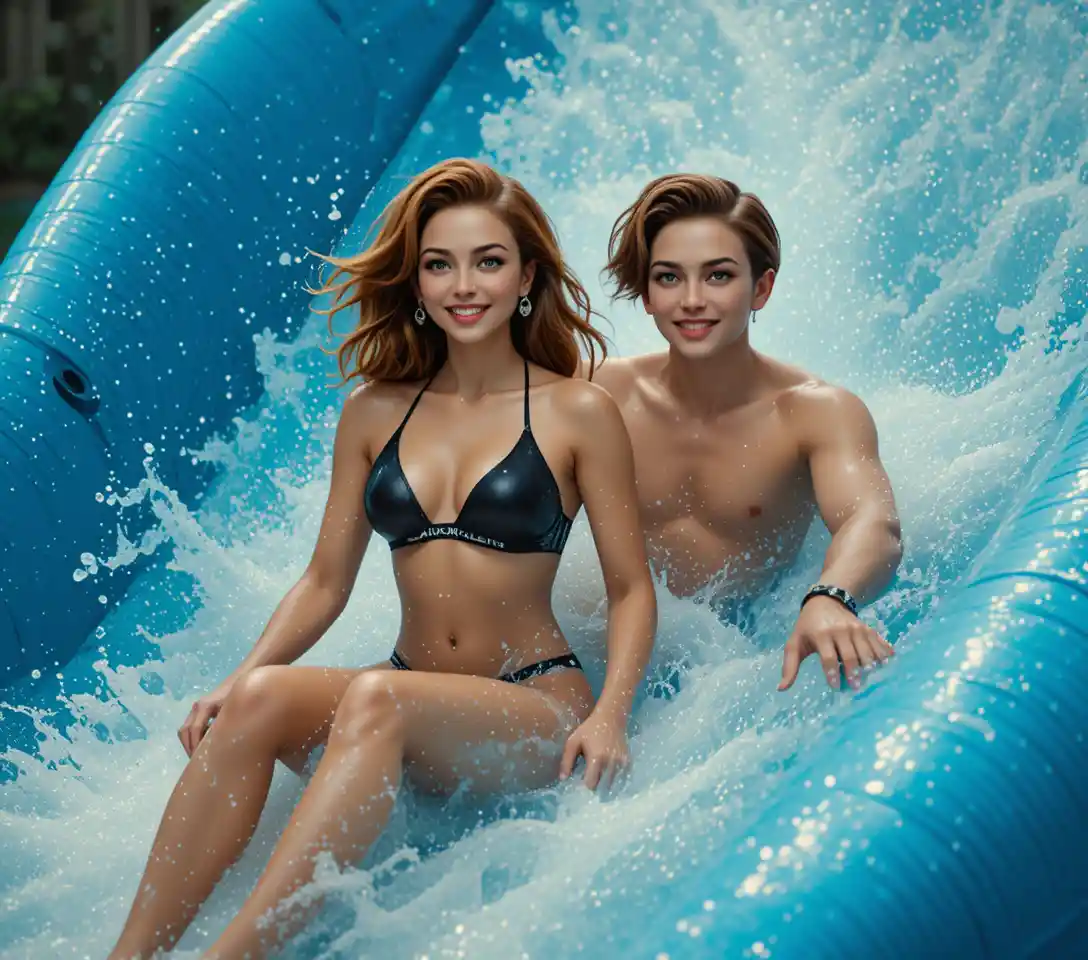 Young couple riding blue inflatable on water slide