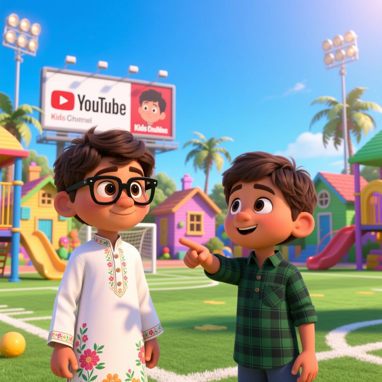 Two young boys talking in a colorful 3D playground