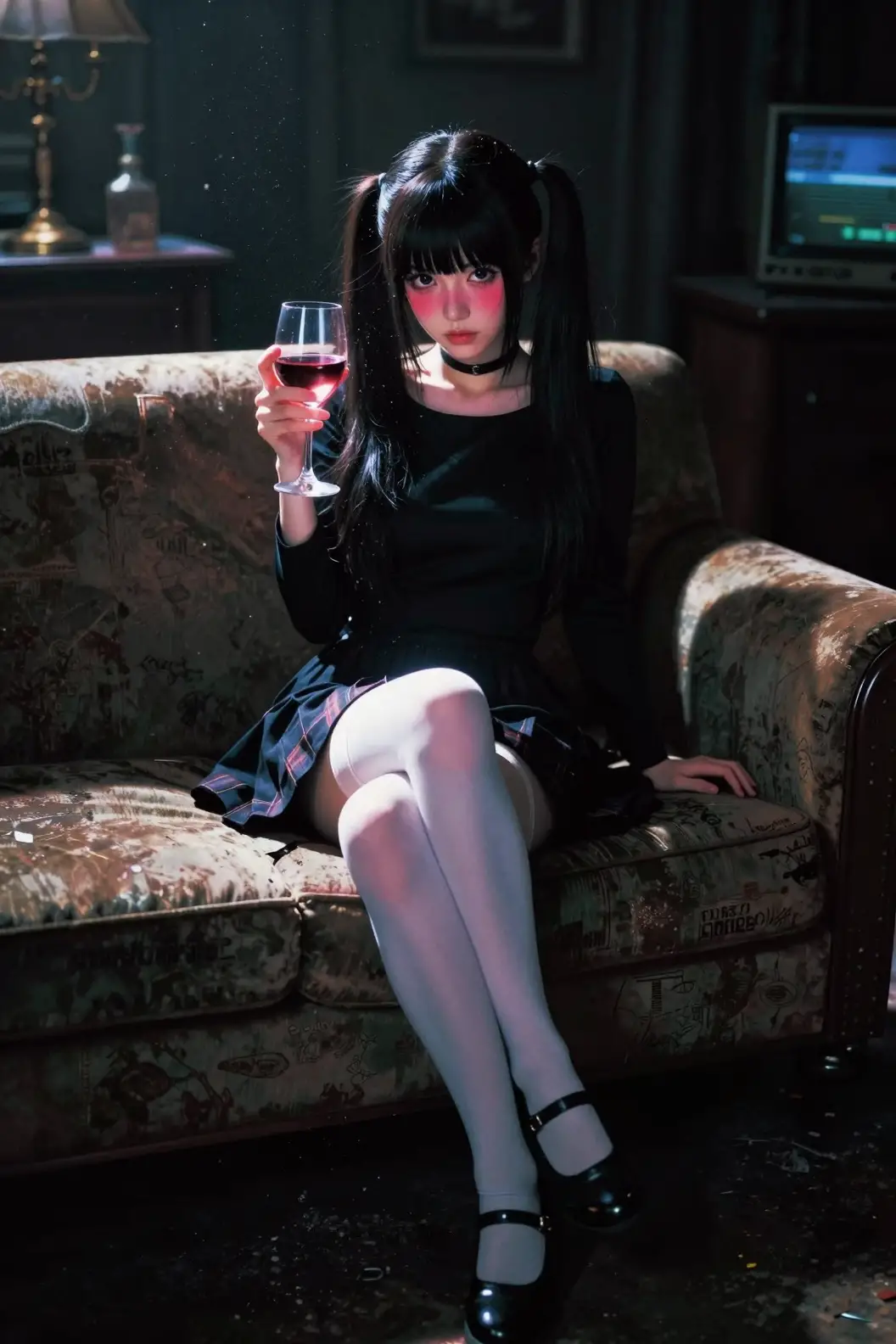 Melancholic anime girl with wine in retro living room