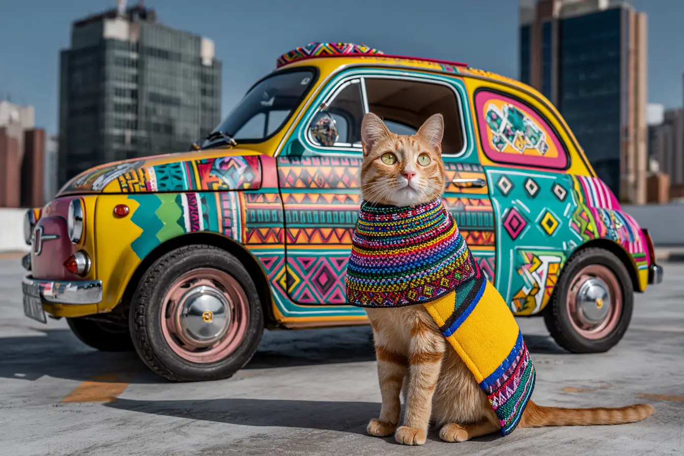 Orange tabby cat in ndebele blanket beside patterned car