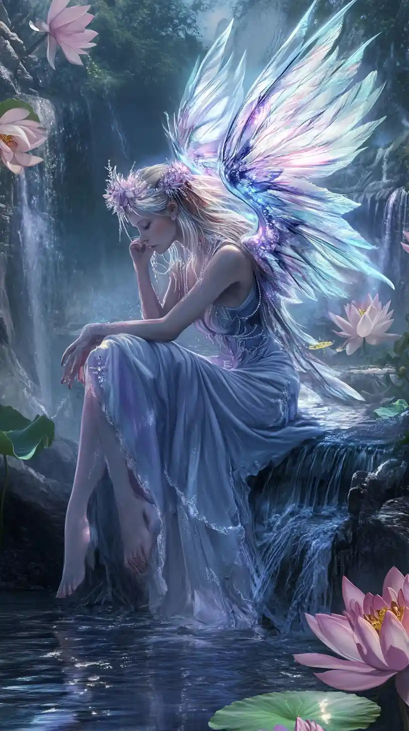 Fantasy queen on a lotus water throne with divine guardian