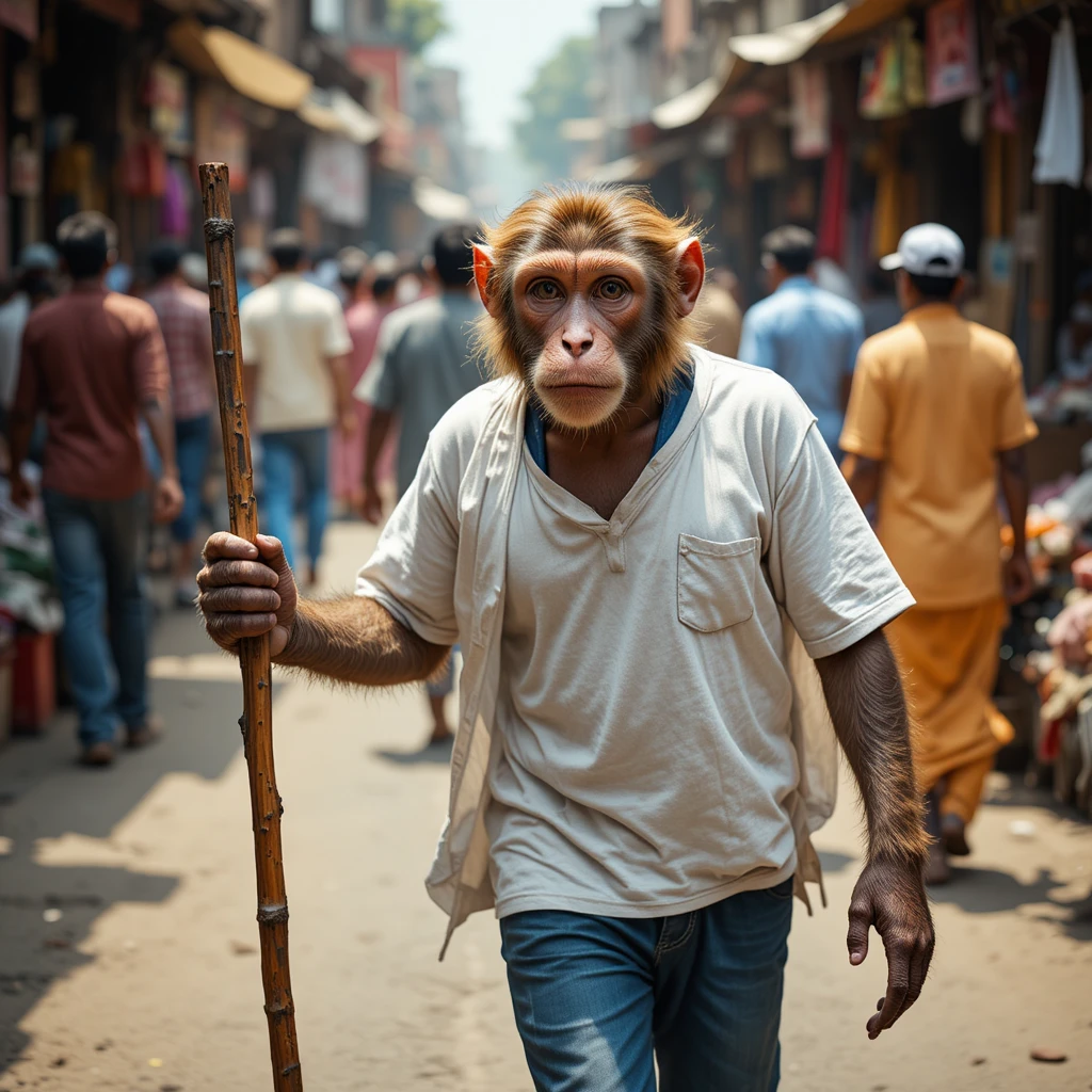Monkey Walking Upright In Busy Indian Street Market