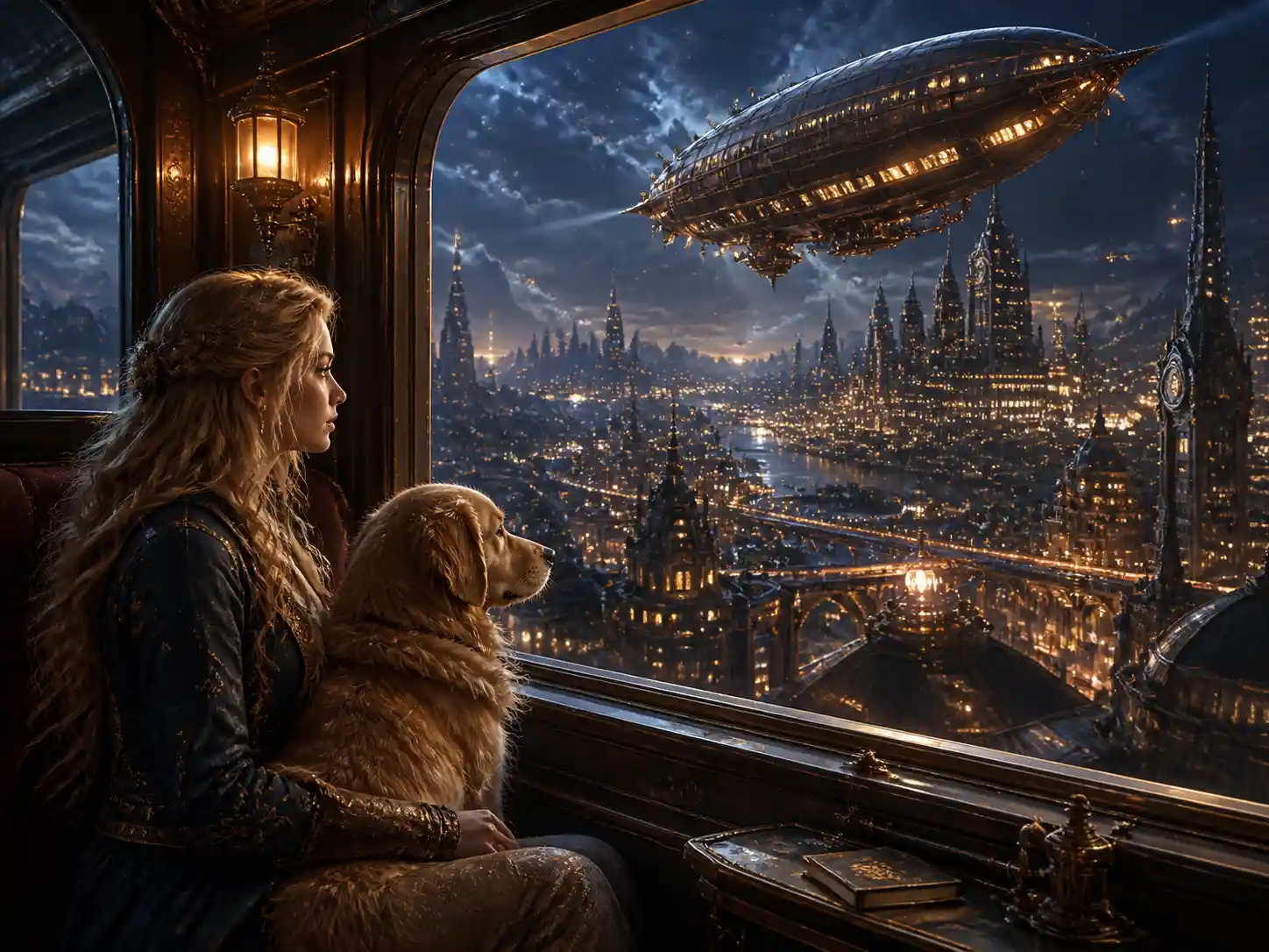 Young woman on a train watching a glowing sci fi city