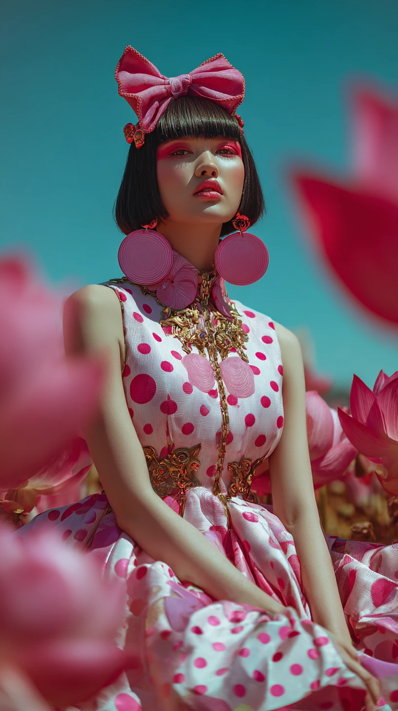 Surreal woman in lotus field with mechanical crown