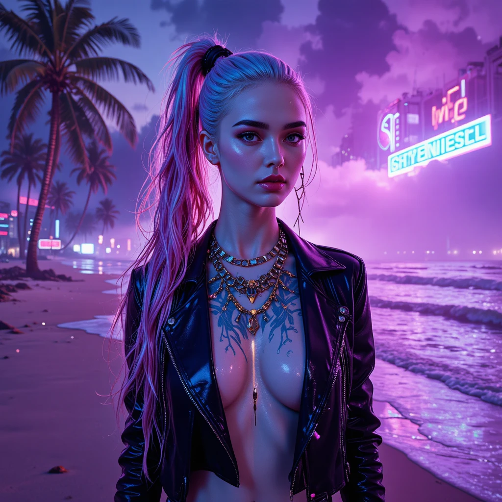 Cyberpunk-Frau an einer neonbeleuchteten tropischen Küste