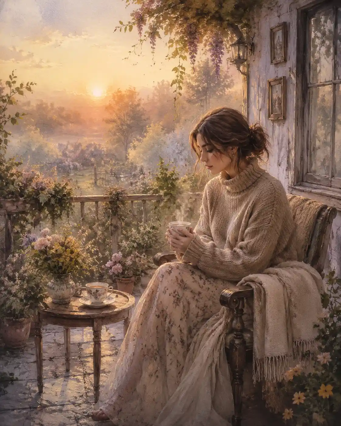 Girl on cabin terrace with tea at soft sunrise