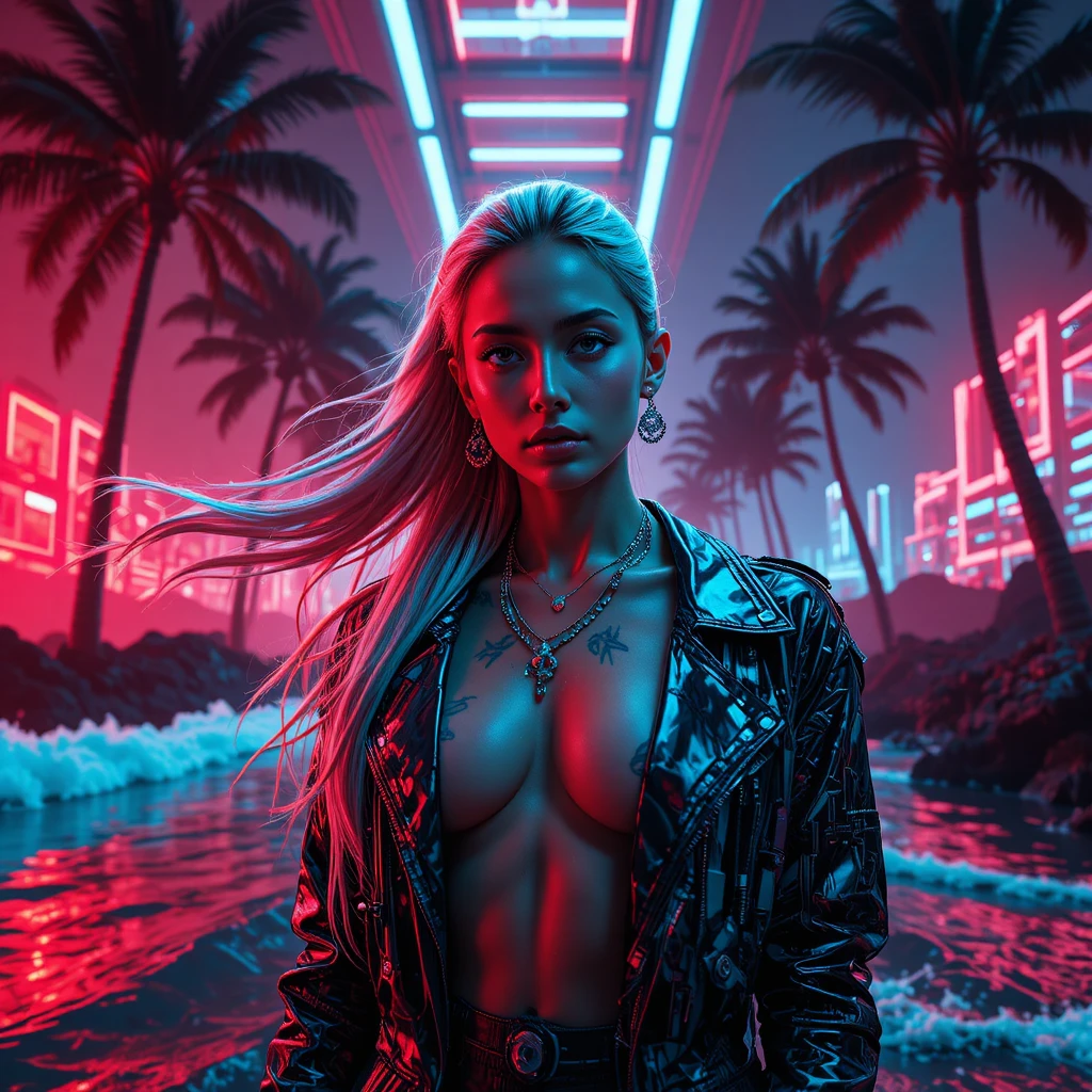 Ritratto al neon surreale di una donna in un paradiso cyberpunk