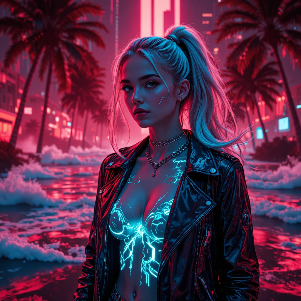 霓虹熱帶夜景中的超現實賽博龐克女子