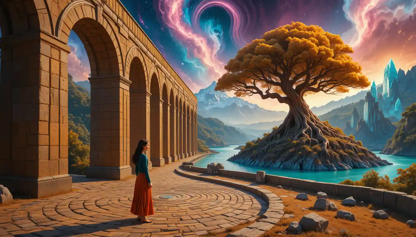 Woman at the entrance of a stone labyrinth