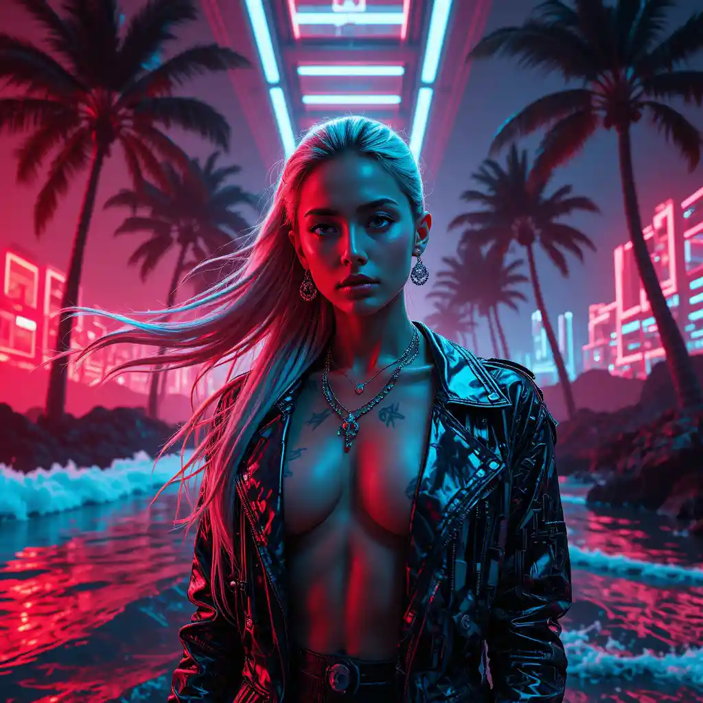 Surreal neon portrait of a woman in a cyberpunk paradise