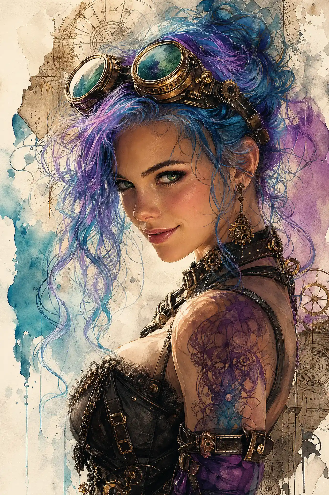 Playful steampunk woman with vivid blue and purple hair