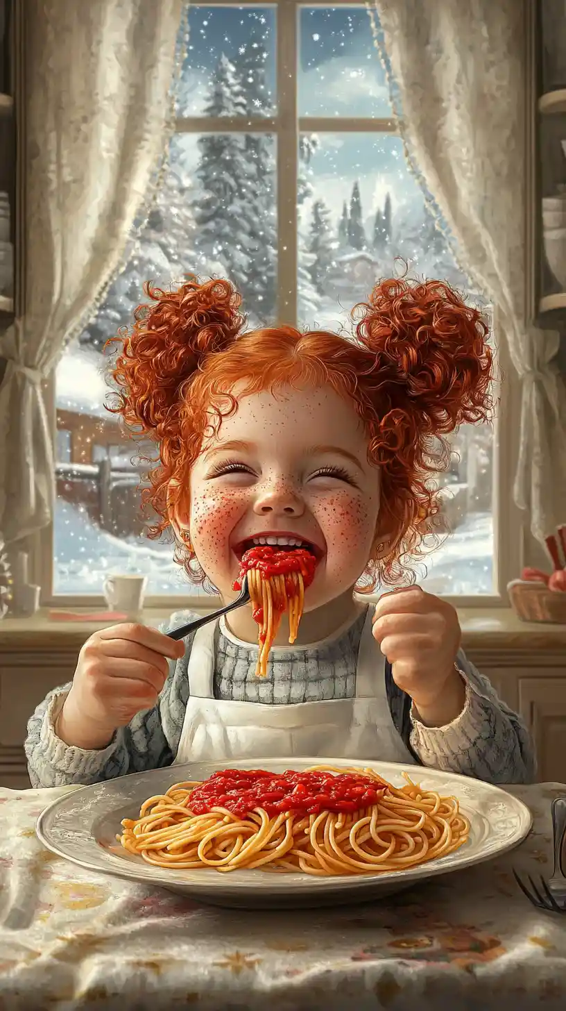 Laughing red haired girl eating spaghetti in cozy kitchen