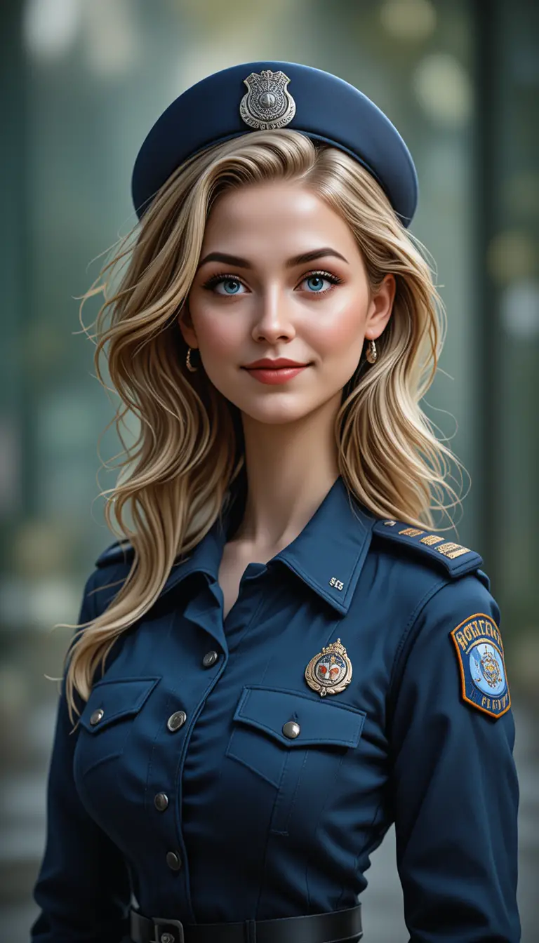 Young policewoman in dark blue uniform portrait outdoors