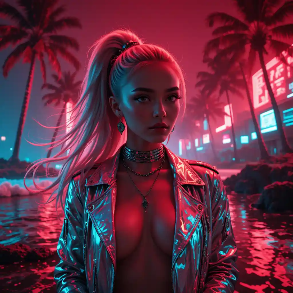 Surreal Neon Portrait Of A Woman In Cyberpunk Paradise