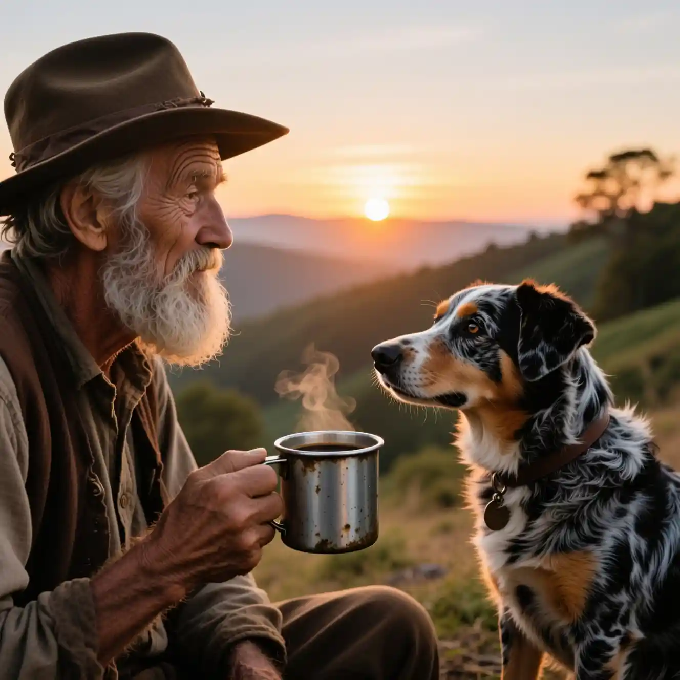Anziano che beve caffè all’alba con cane da mandria