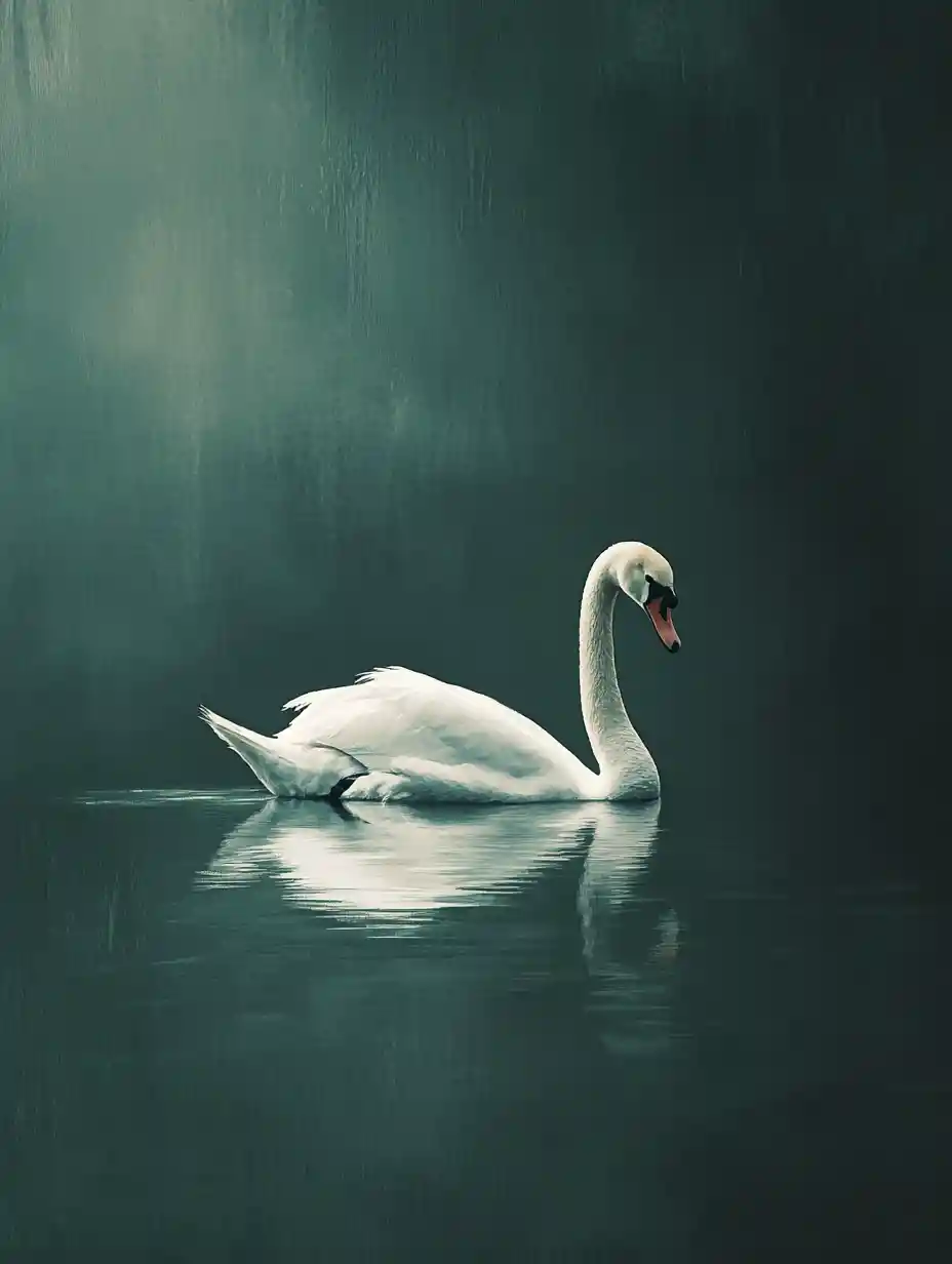 Surreal white swan gliding calmly across still water