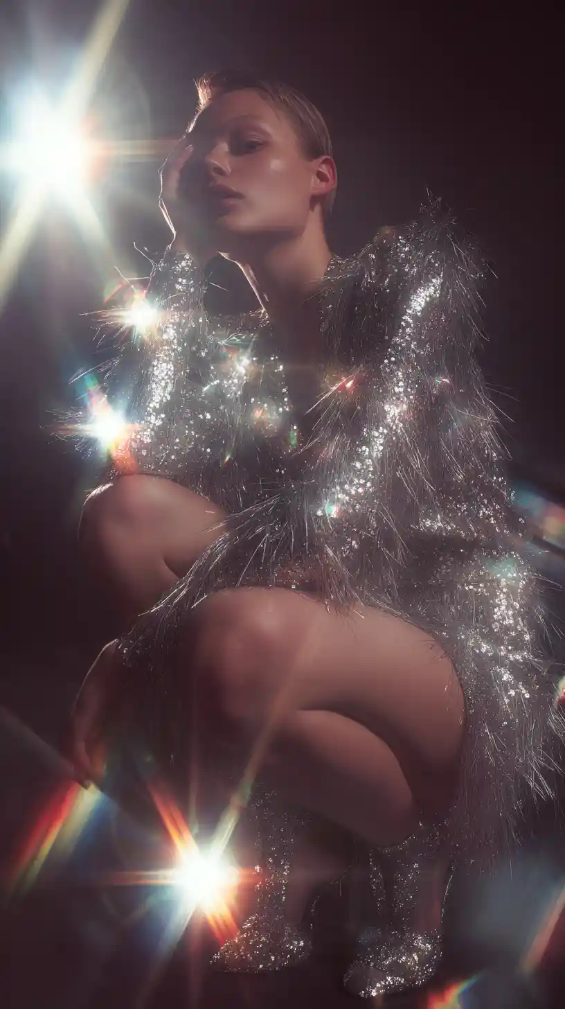 Glamorous woman in silver sequin dress full body studio portrait