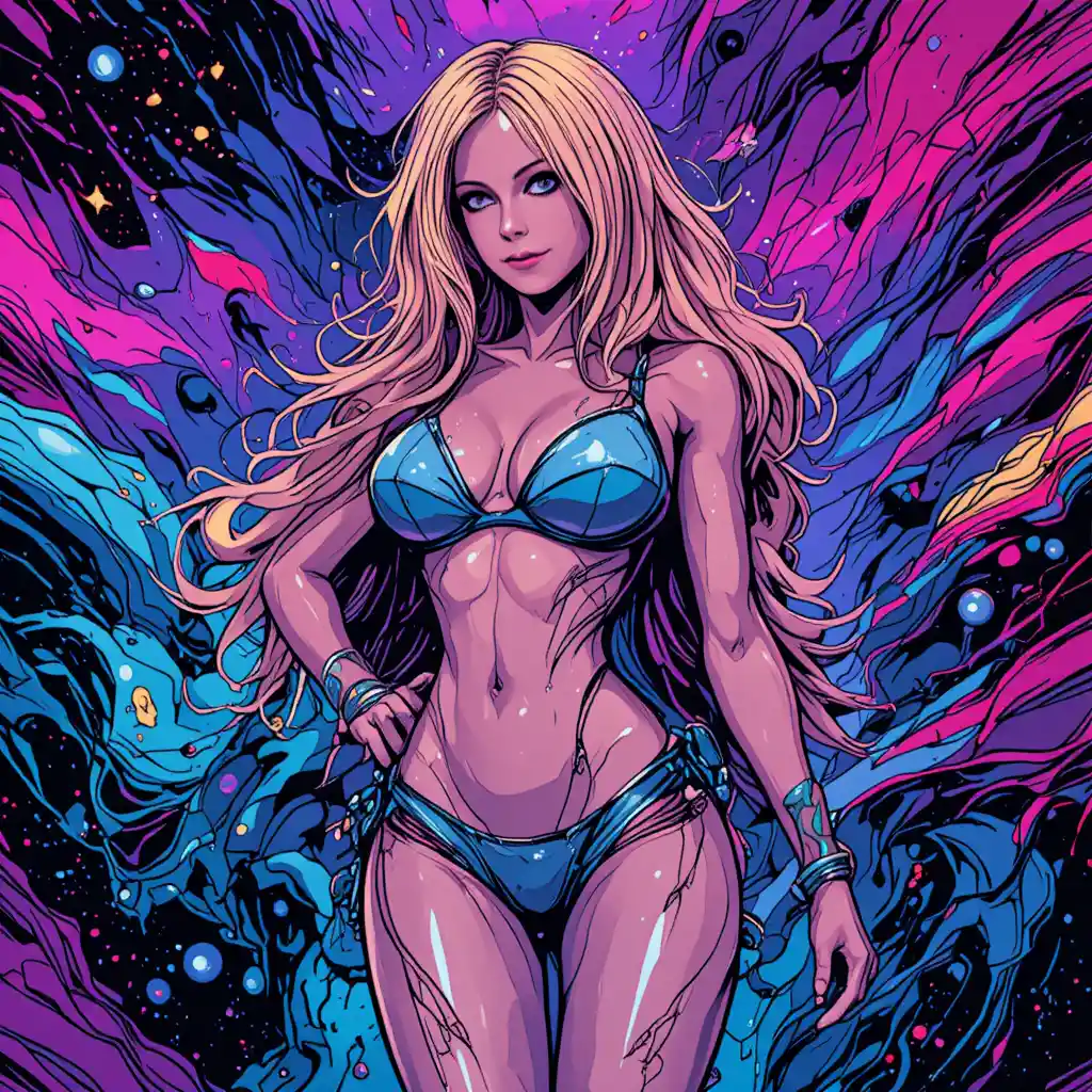 Vibrant comic space heroine in a futuristic micro bikini