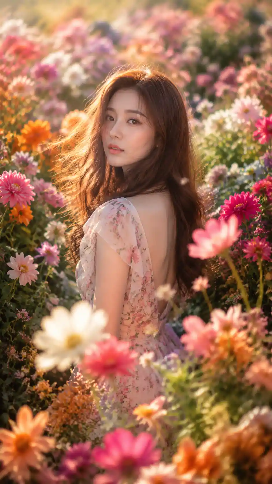 Mujer de pie en un colorido campo de flores al atardecer dorado
