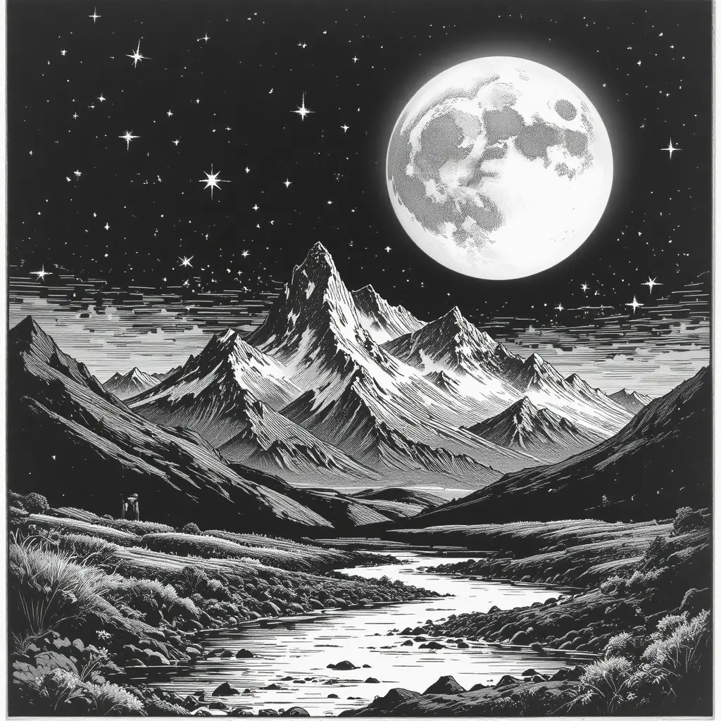 Black And White Engraving Of Moonlit Mountains And River