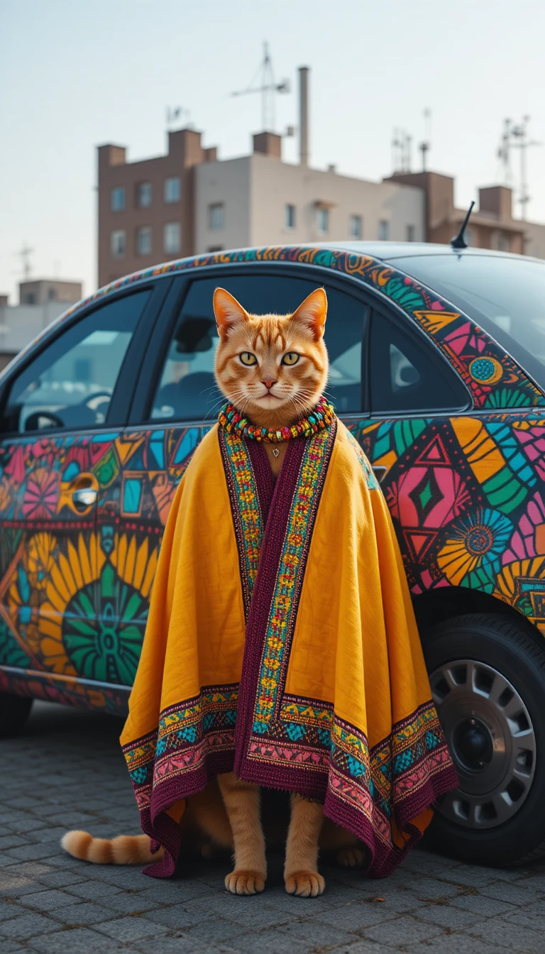 Orange tabby cat in Ndebele blanket beside patterned Fiat car