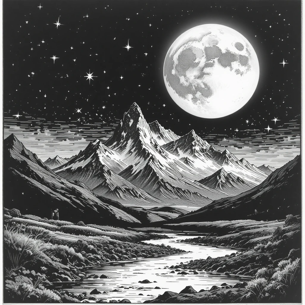 Black And White Engraving Of Moonlit Mountains And River