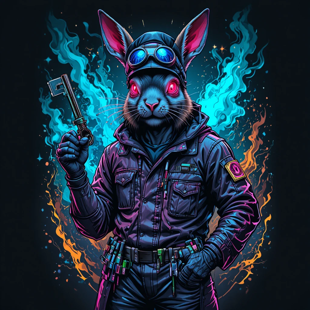 Cyberpunk rabbit mechanic with neon keys and tools