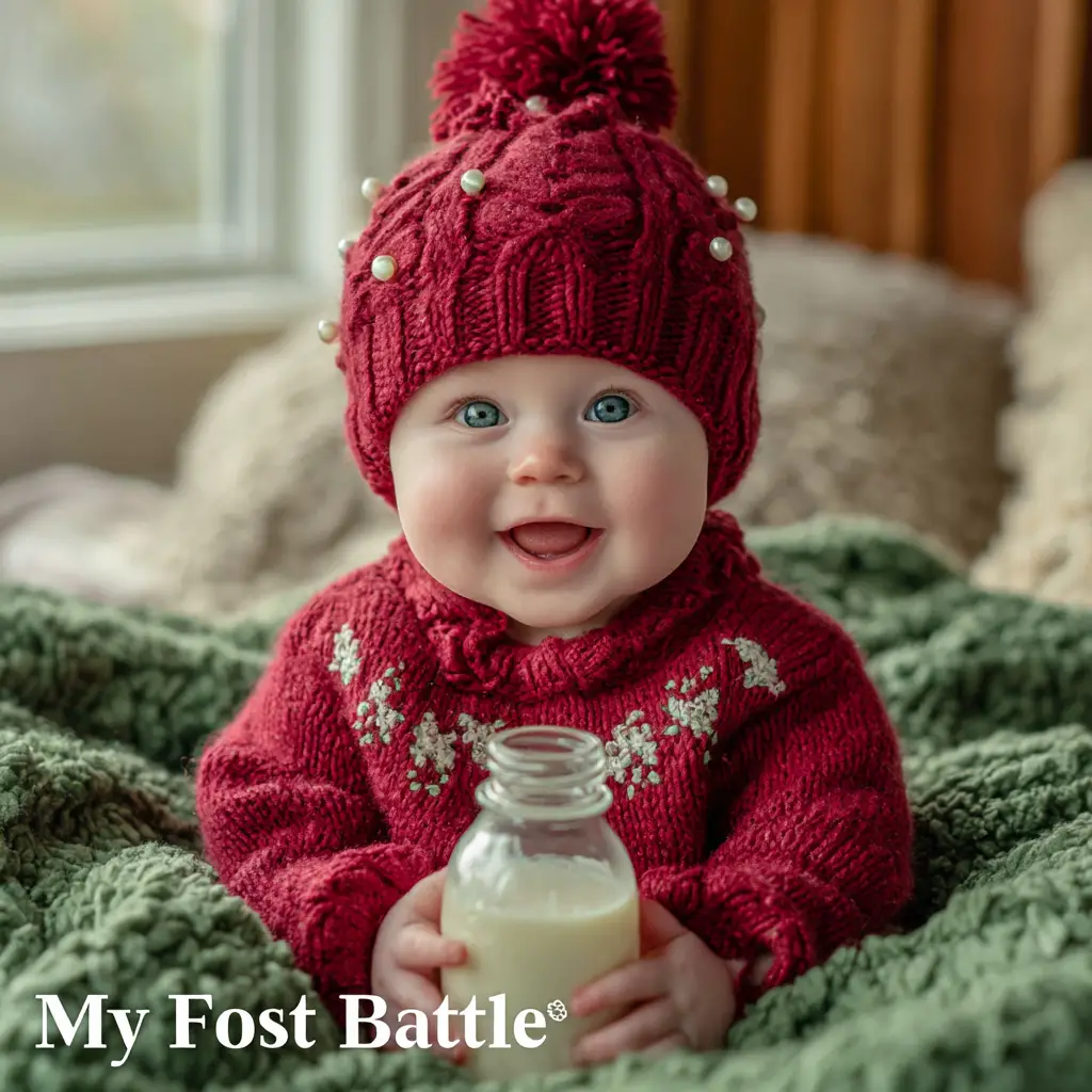 Joyful baby with first bottle in a cozy nursery