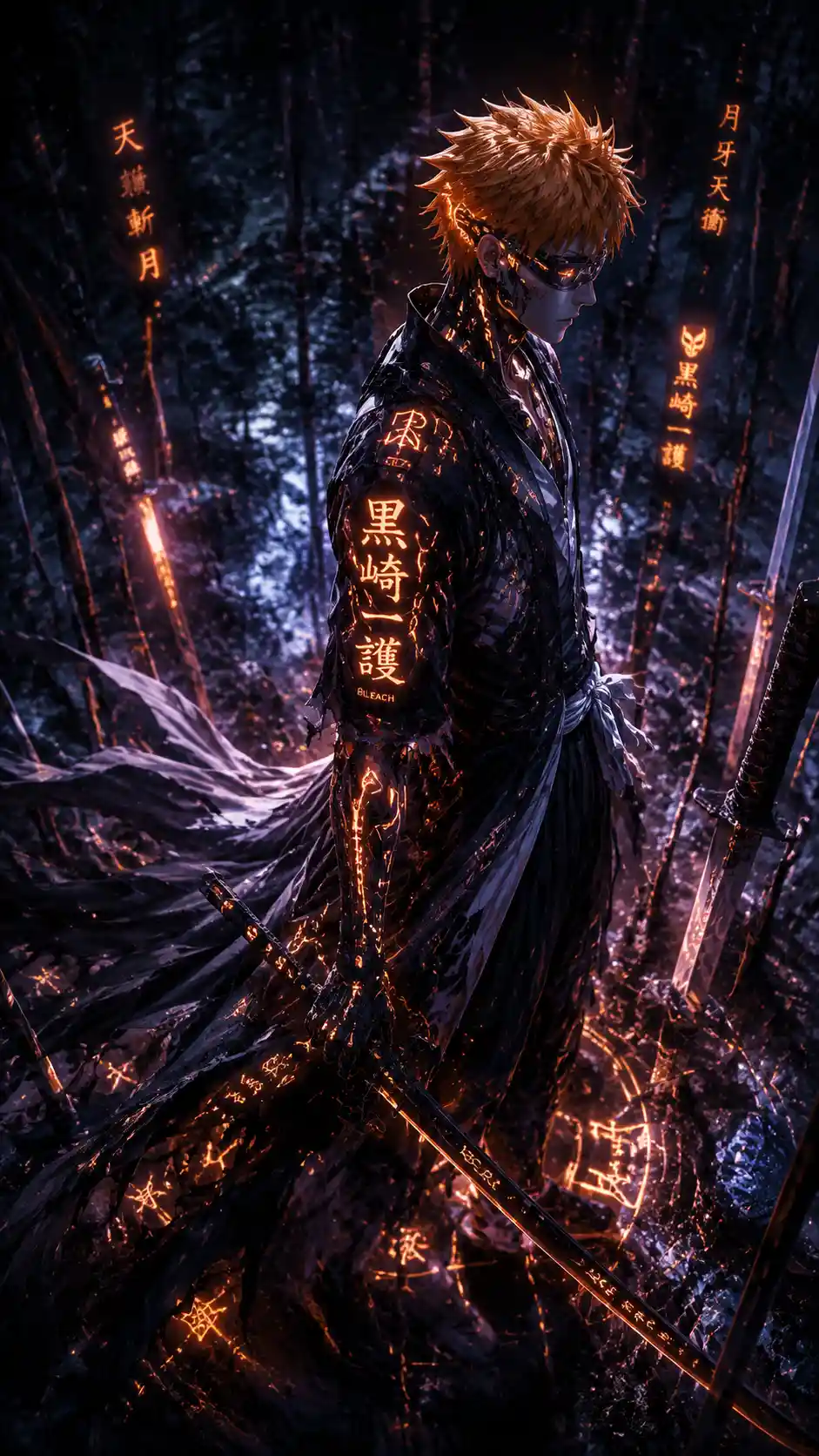 Cyberpunk woman with glowing runes in a field of swords