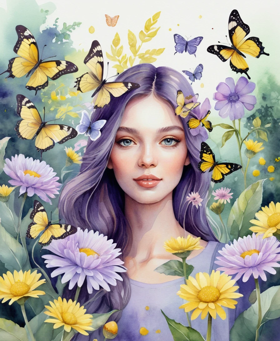 Purple Butterfly In A Lush Garden With Yellow Flowers
