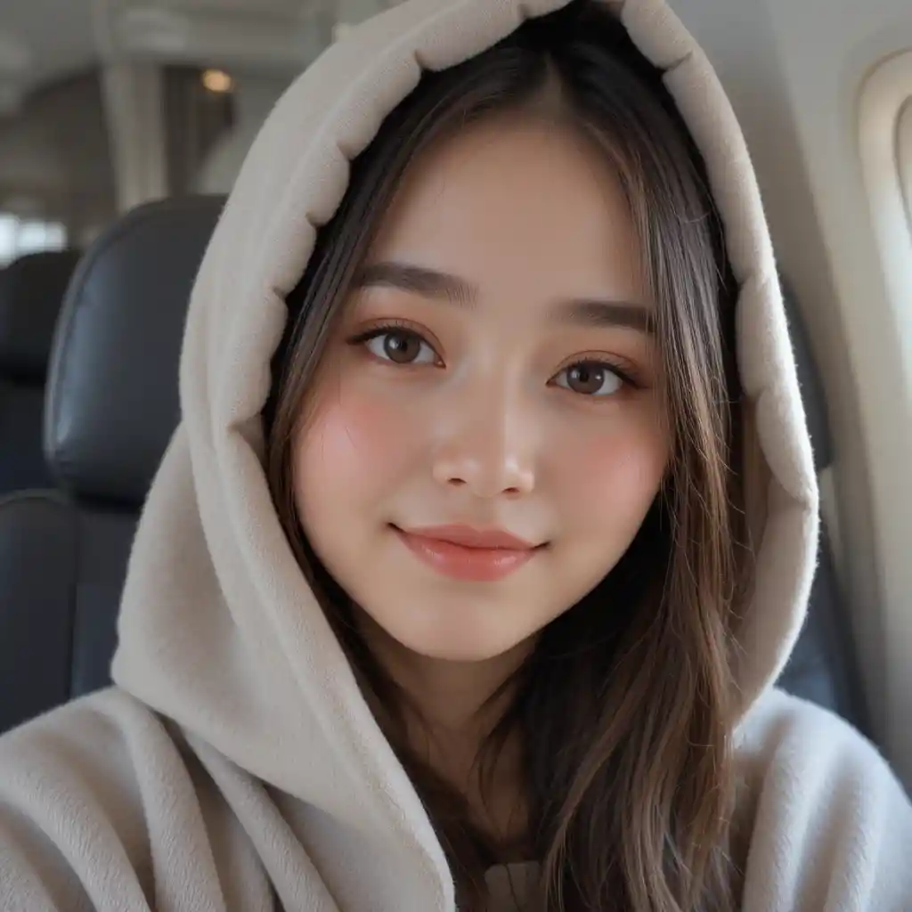 Girl in beige hood sitting by airplane window seat