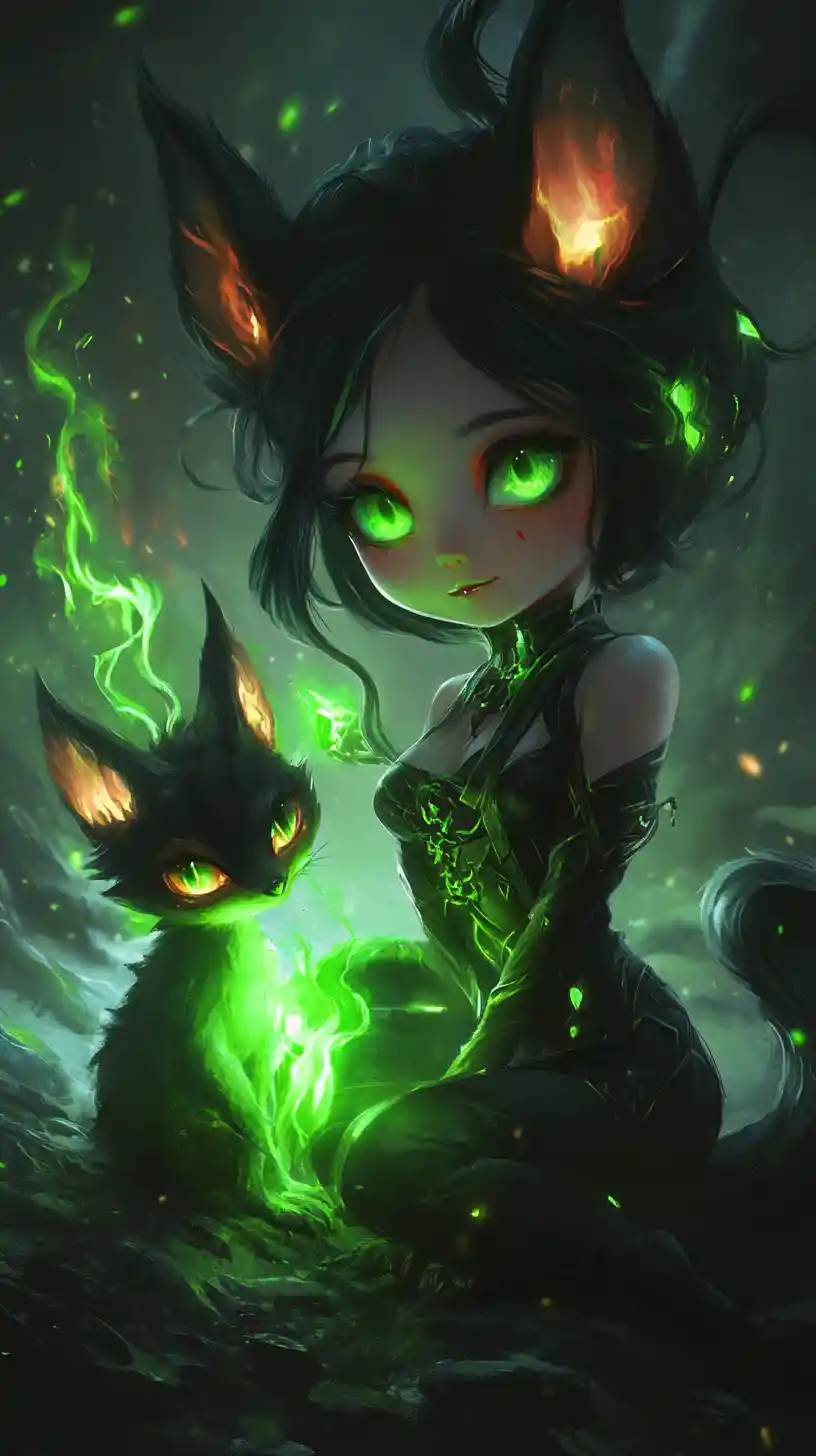 Chibi demon girl holding a glowing green magical flame
