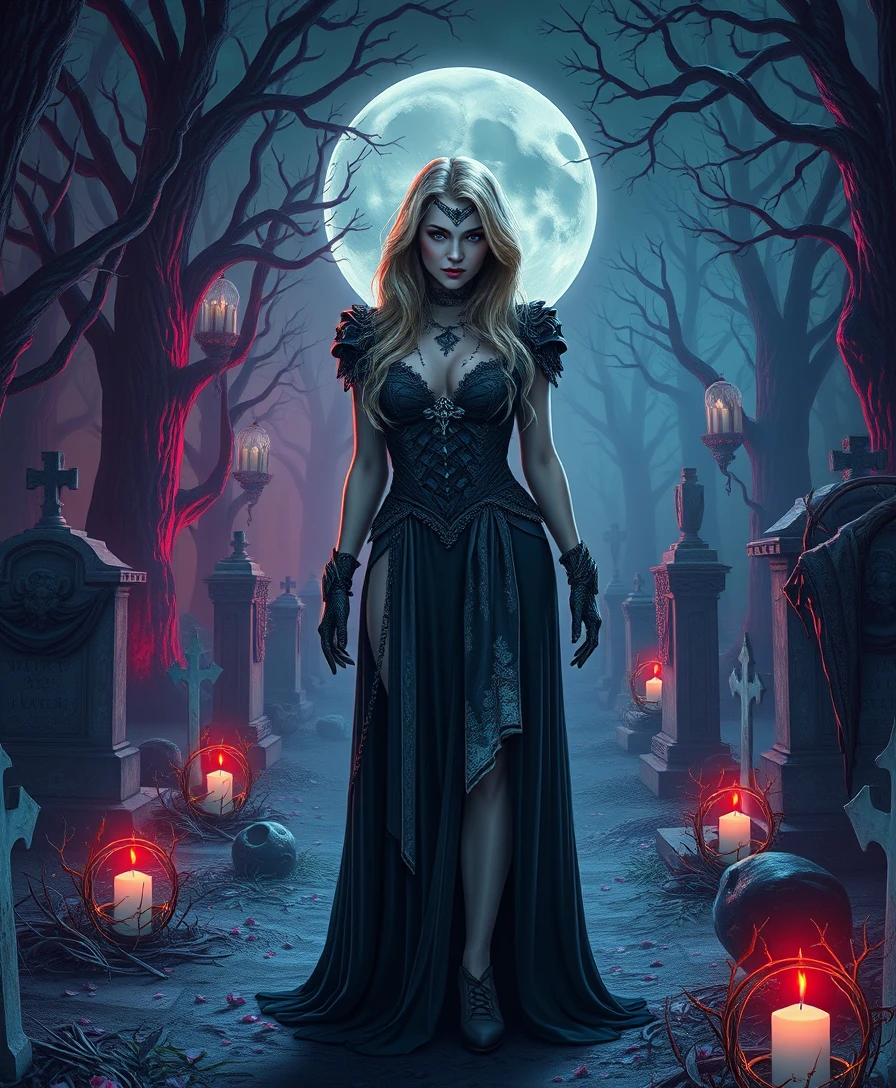 Lonely woman standing in a mystical fantasy graveyard