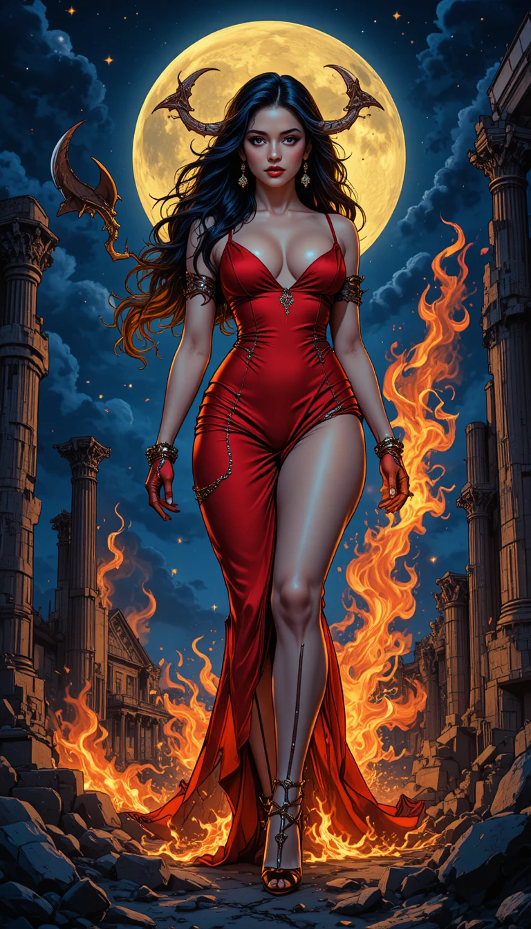Seductive dark sorceress in red dress amid fiery ruins