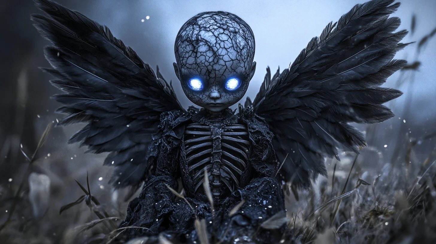 Gothic angel doll with cracked porcelain skin and halo