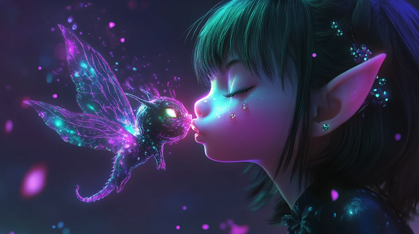 光る有毒な魔法のキスを吹きかけるちび悪魔少女